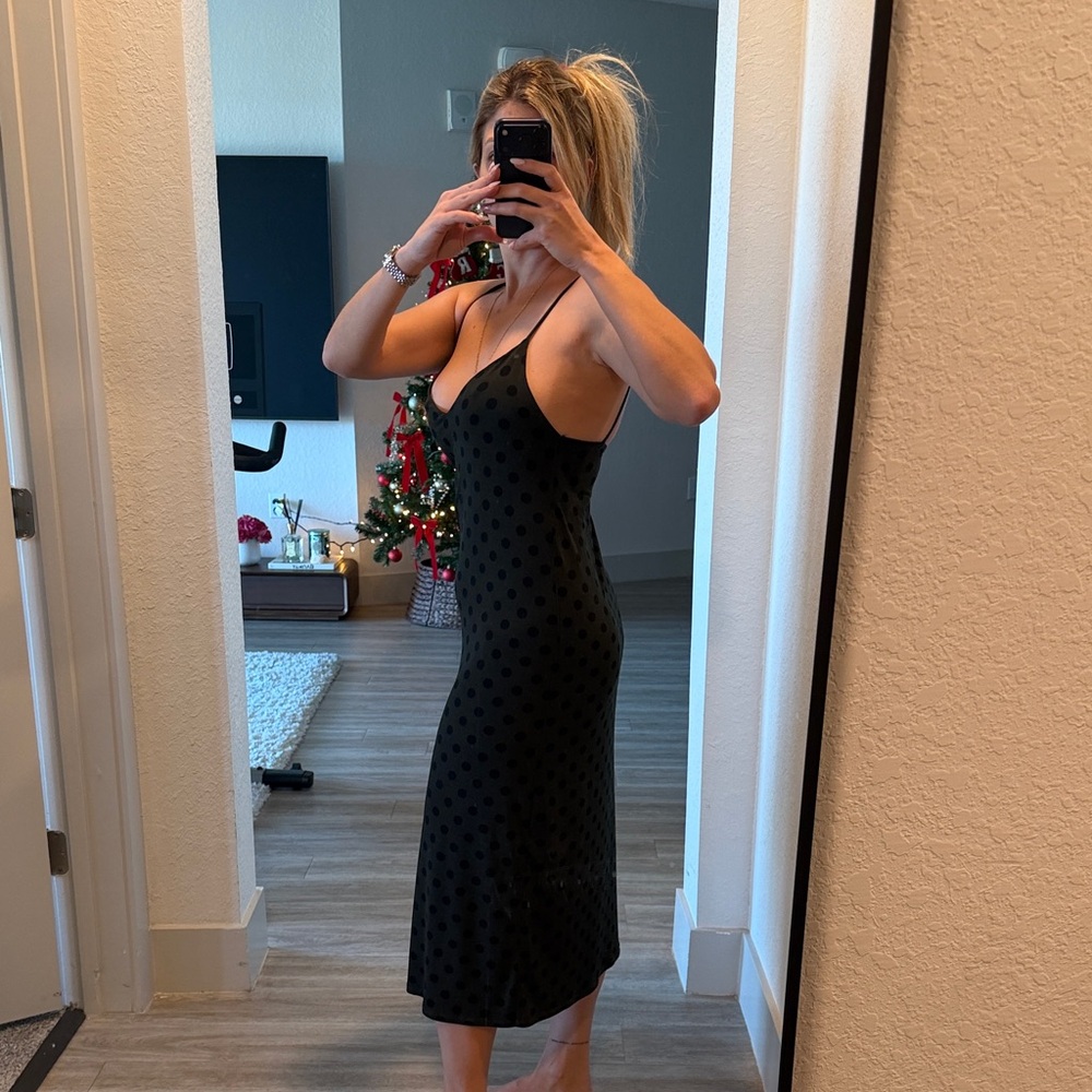 Zara Polka Dot Midi Slip Dress Green and Black